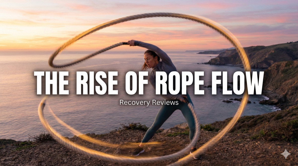 Person performing rope flow exercise on coastal cliff at sunset with overlaid title text
