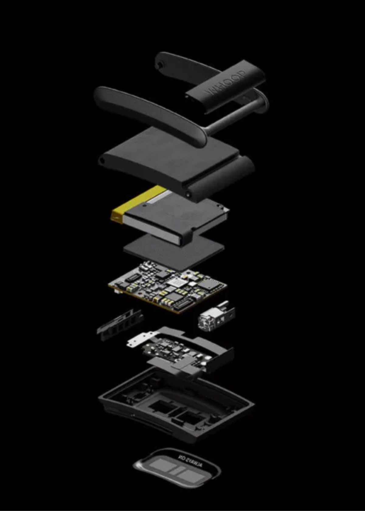 Exploded view of WHOOP 4.0 showing internal components and sensor array