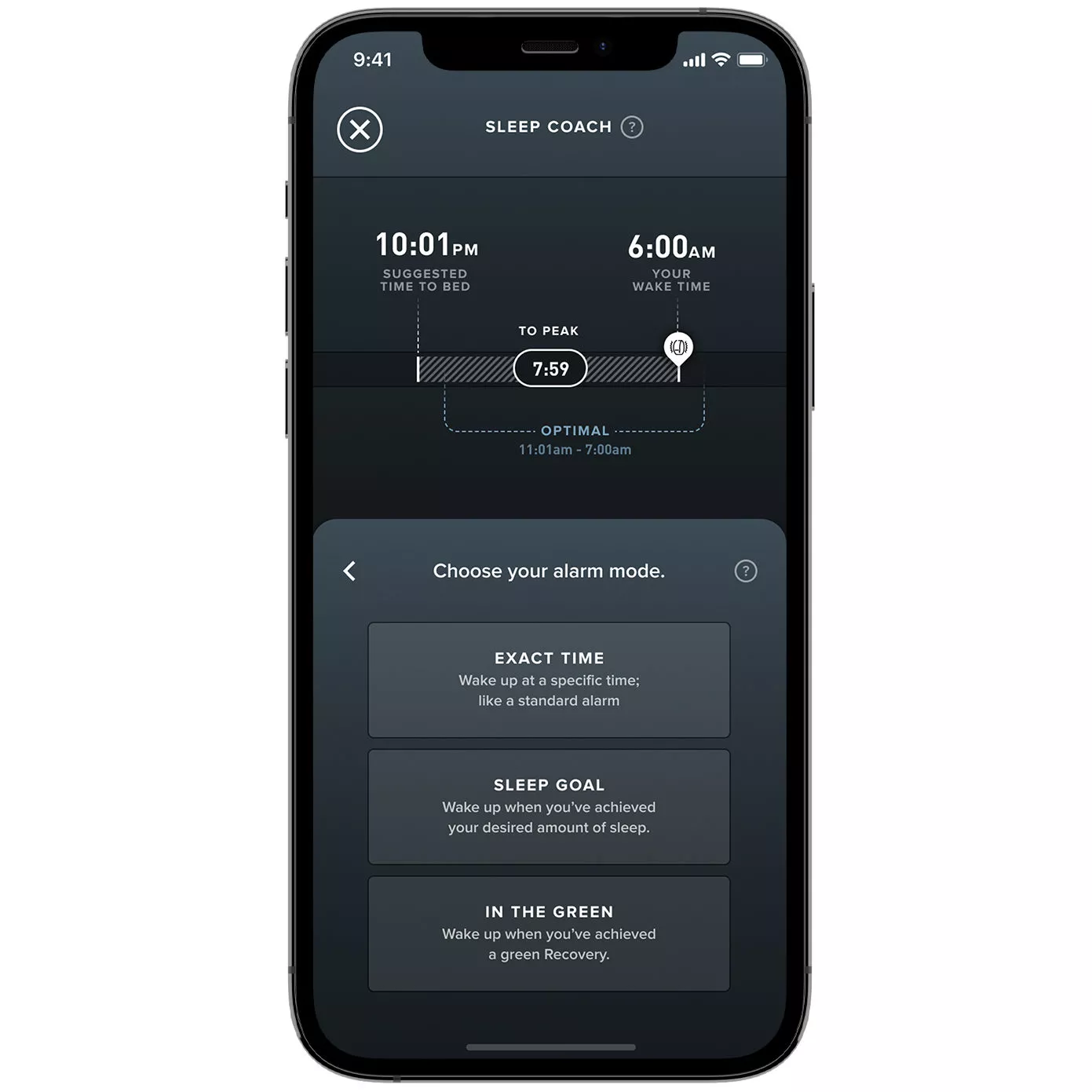 WHOOP app Sleep Coach feature showing personalized sleep recommendations on phone screen